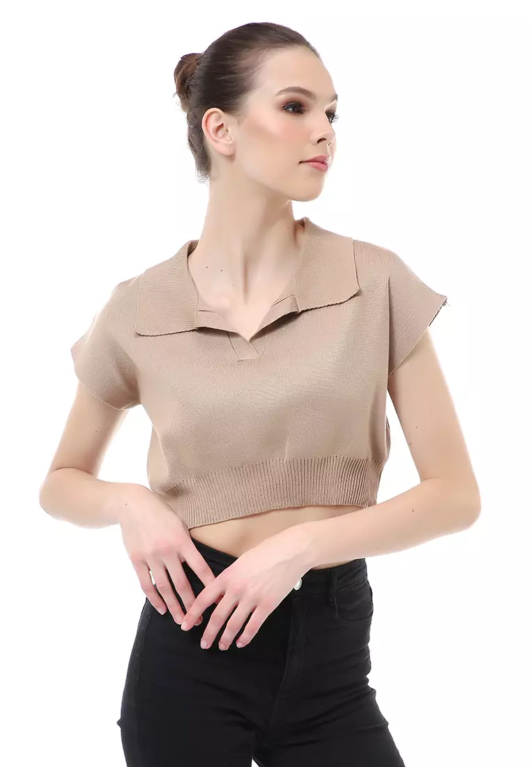 Albertine Atasan Crop Wanita Lengan Pendek Blouse Kerah Material Rajut ORIGINAL - Brown