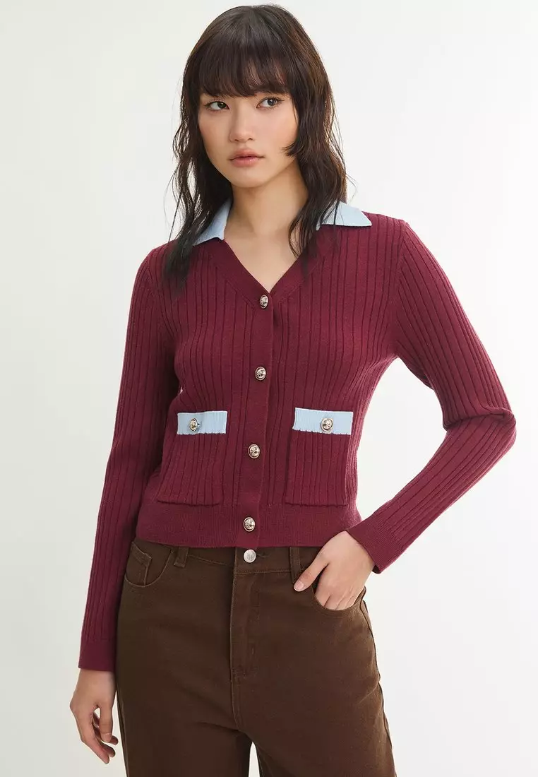 Contrast Collar Ribbed Pocket Detail Cardigan - Red