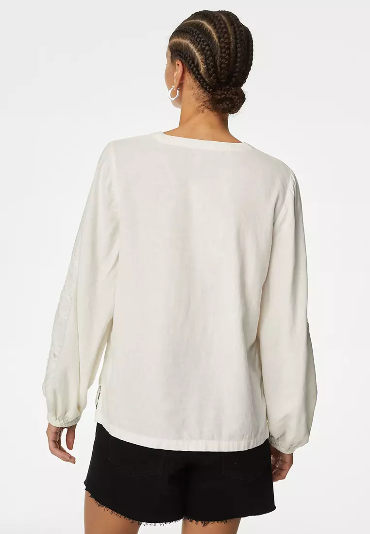 Linen Blend Embroidered V-Neck Blouse