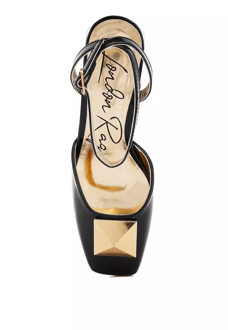 Brooch Detail Ankle Strap Sandals in Black