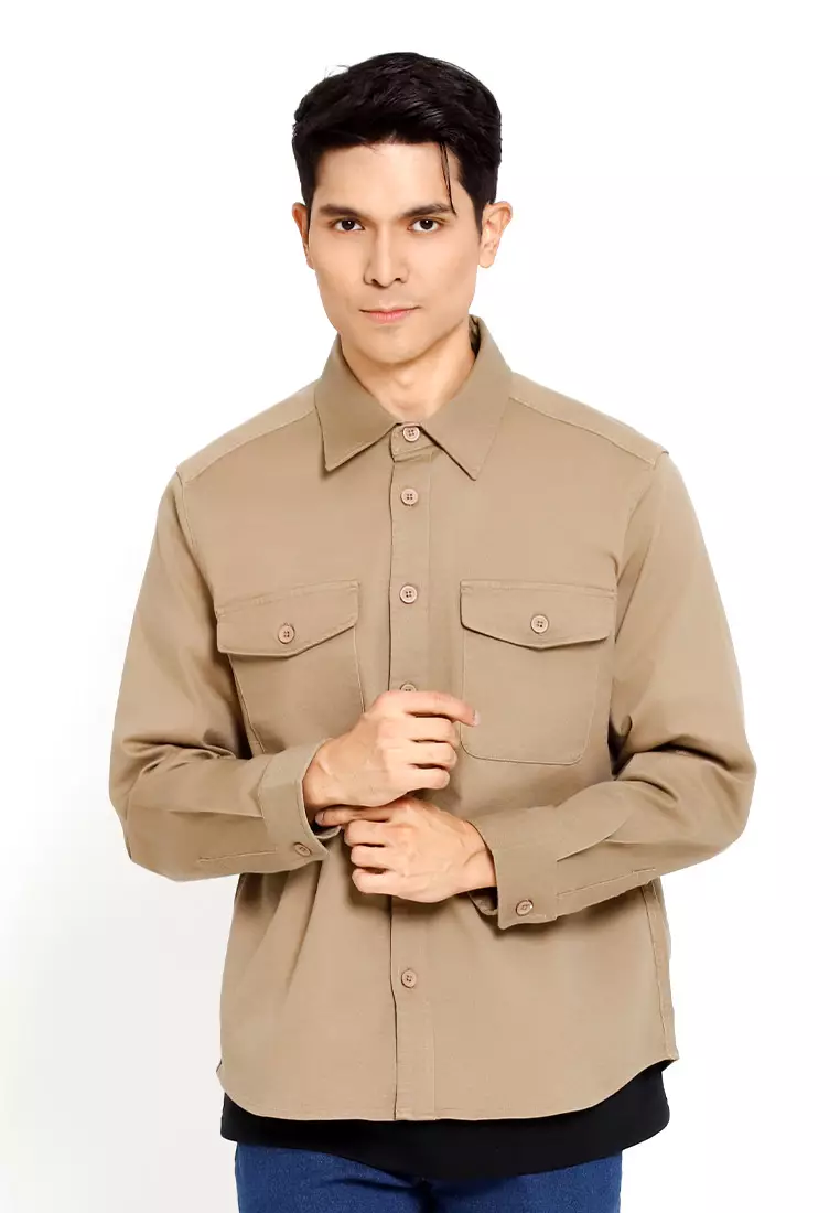 Forest 100% Cotton Twill Long Sleeve Outer Wear Shirts  Men Shirts - 30403-03Khaki