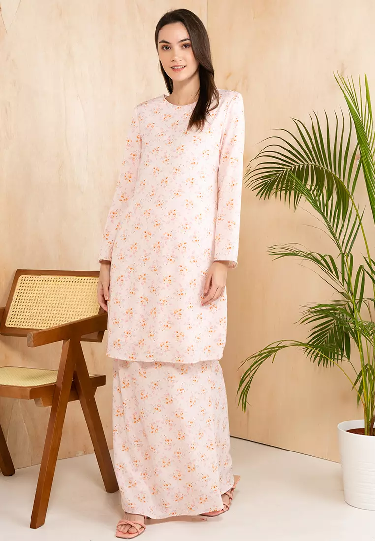 French Floral Pastel Pink Baju Kurung Moden