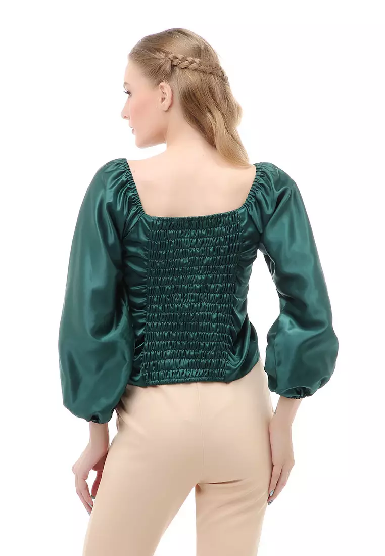 Cheva Blouse Casual Wanita Sabrina Kerut Dada Lengan Panjang Material Satin ORIGINAL - Green Bottle