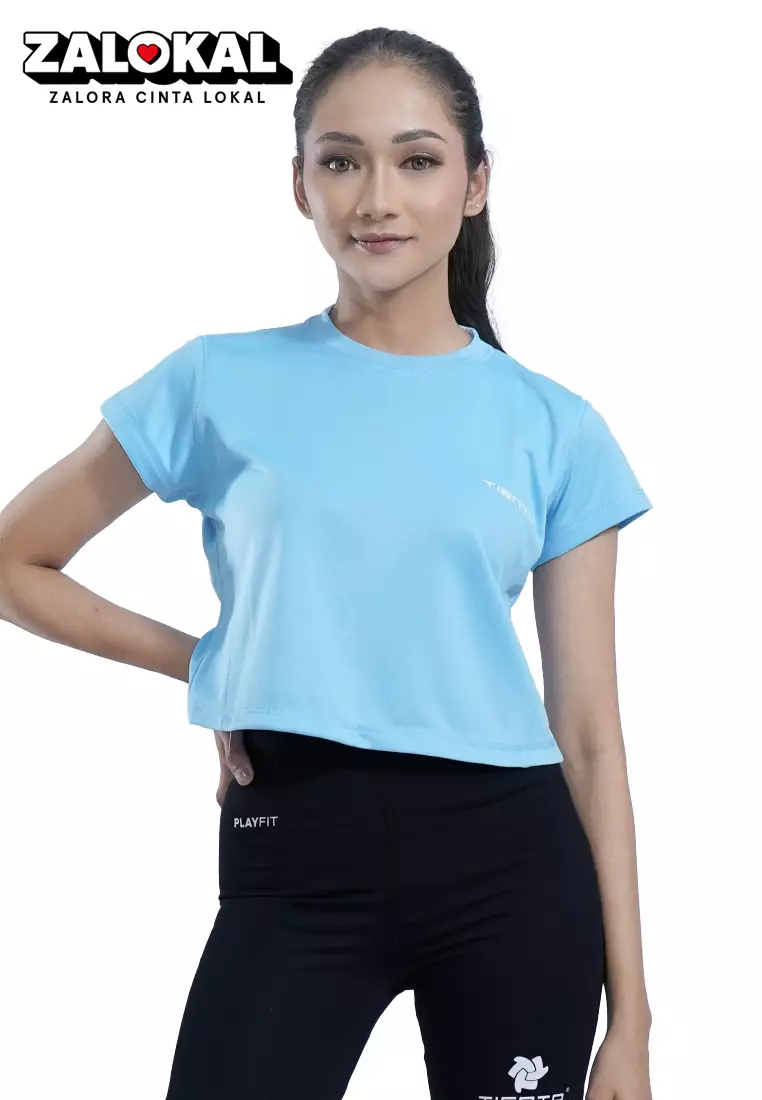 Tiento Baju Olahraga Wanita Crop Top Shirt Kaos Lengan Pendek Running Gym Lari Yoga Pound Fit