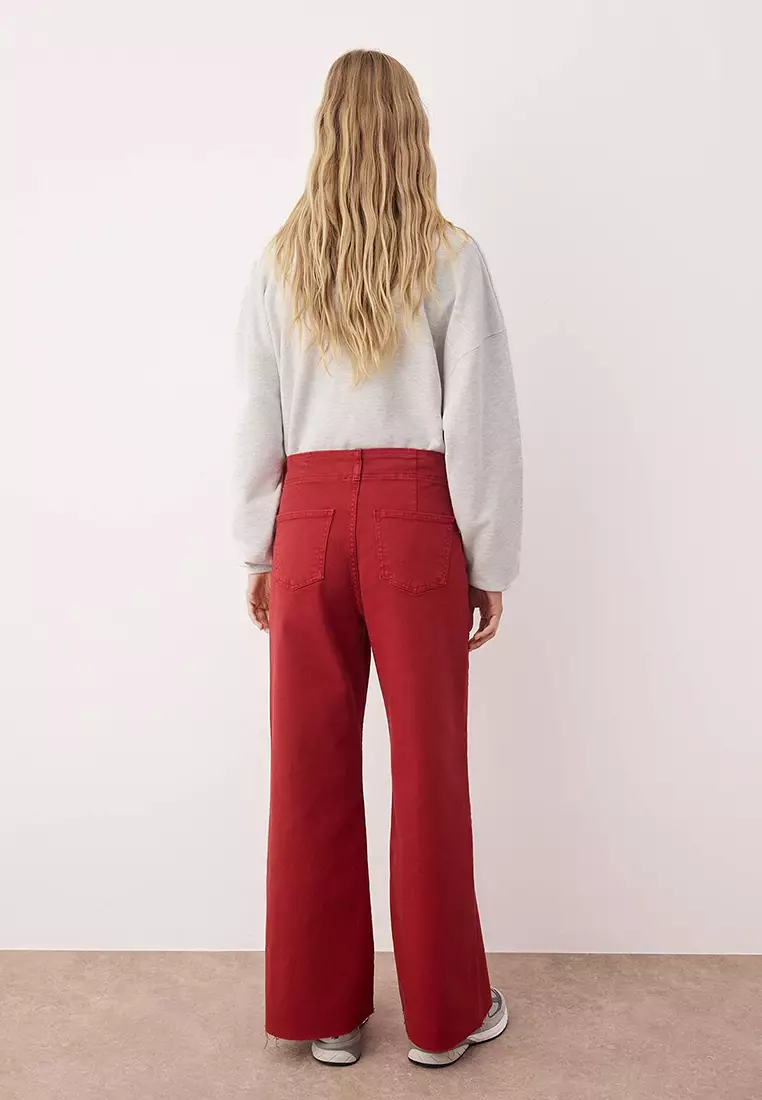 Red High Waist Ribbed Detailed Cut-Out Wide Leg Jeans Twoss25Je00310