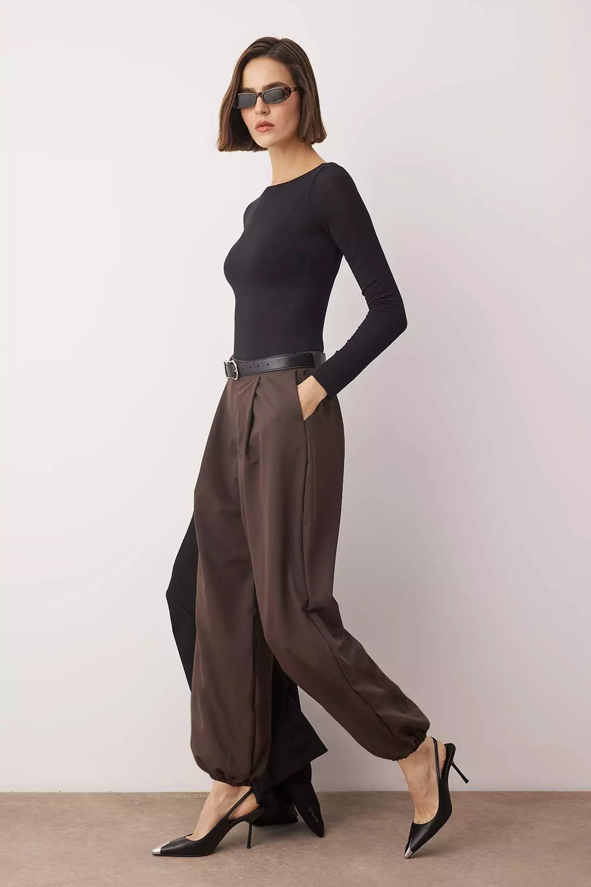 Brown High Waist Woven Baggy Trousers Twoaw26Pl169