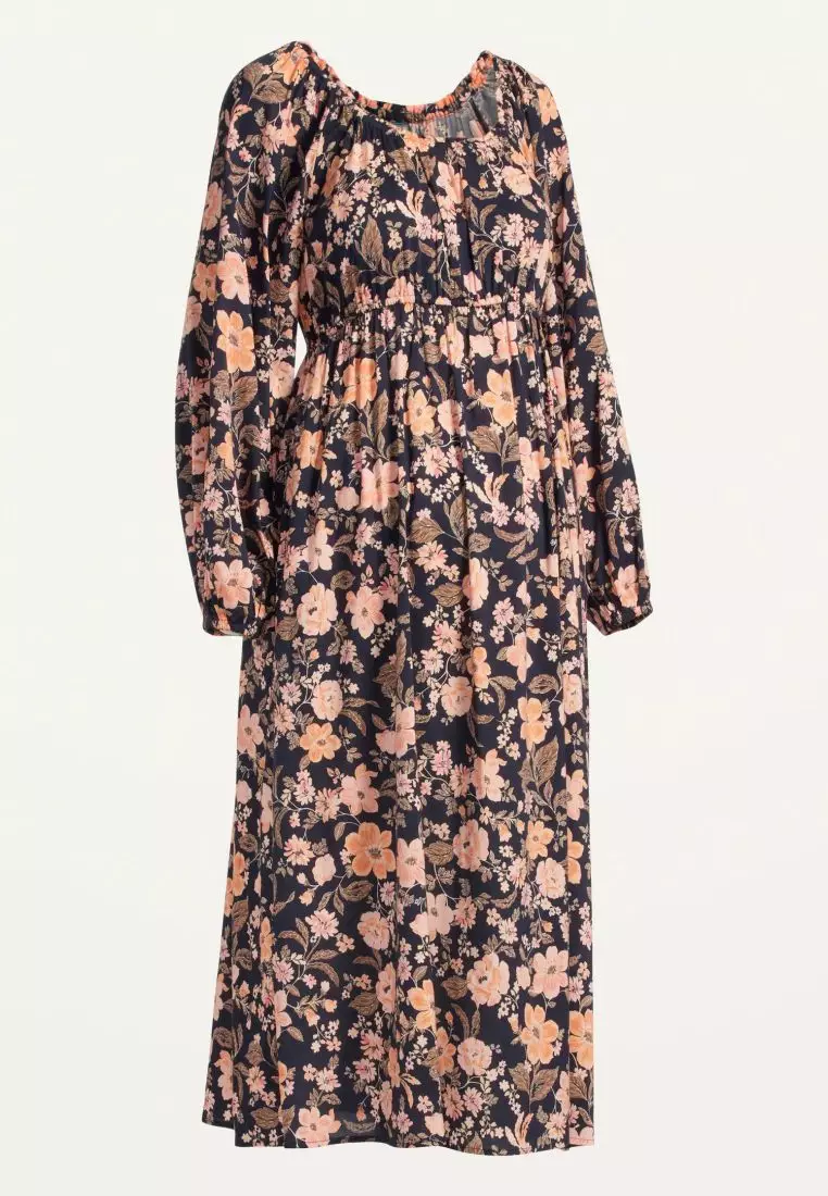 Maternity Waist-Defined Blouson-Sleeve Midi Dress
