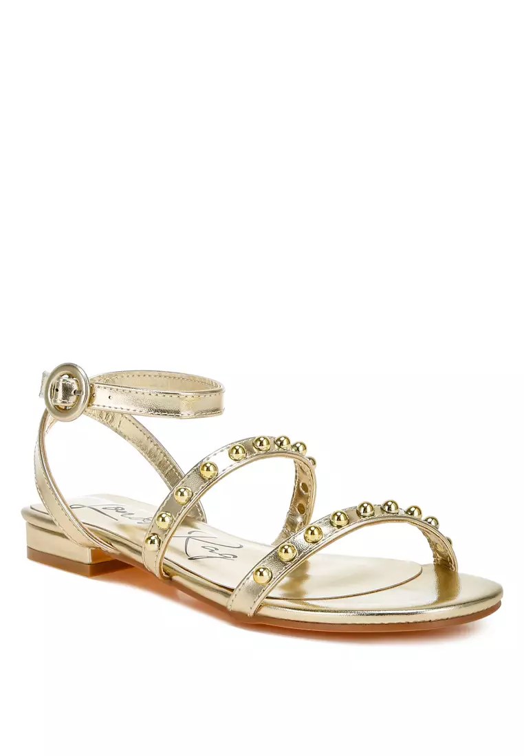 Studded Ankle Strap Flat Sandals in Gold