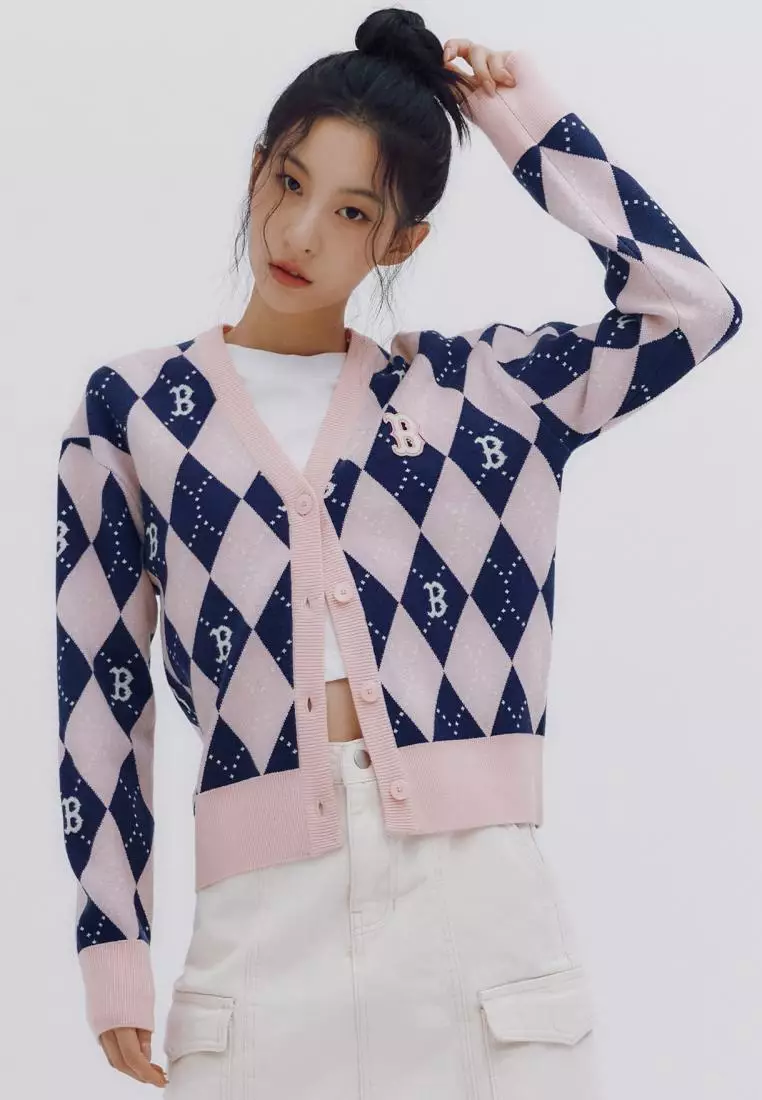 WOMENS ARGYLE MONOGRAM ALL OVER CROP CARDIGAN BOSTON RED SOX