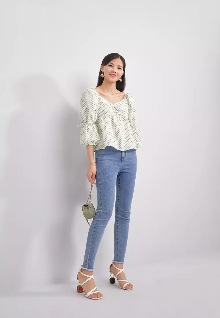 Puff Sleeve Ruched Polka Dot Top