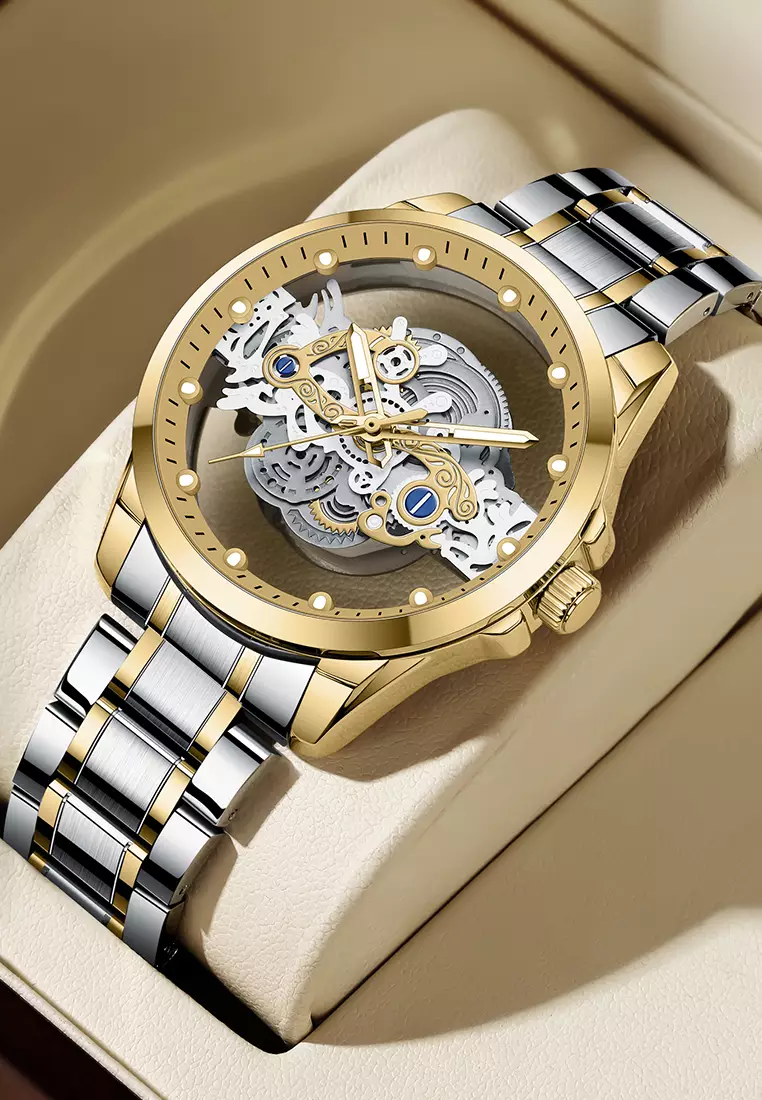 Jam Tangan Pria HD Luminous Function Hollow Dial Tali Stainless Steel Anti Air Jam Tangan Cowok silver gold