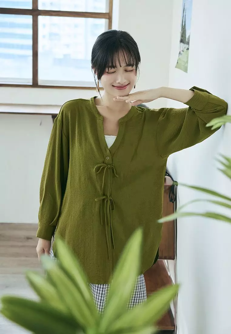 Loose V-Neck Tie Styling Front Short Back Long Side Slit Curved Hem Top [AB18850]