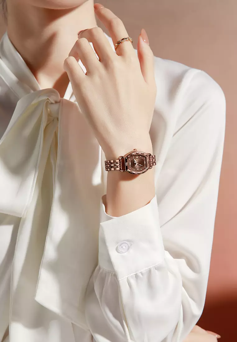 Jam Tangan Wanita Korea Original Tonneau Dial Berlian Anti Air Jam Tangan Cewek rose brown