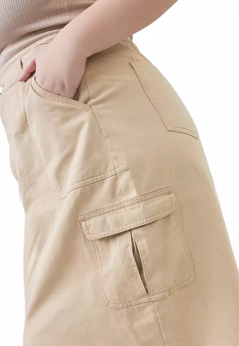 Mid Waist Cargo Midi Skirt With Front Slit