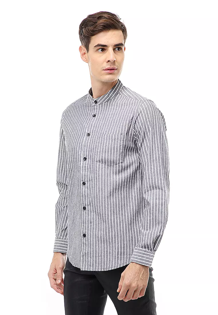Dwan Atasan Kasual Kemeja Pria Lengan Panjang Motif Salur Material Cotton ORIGINAL - Gray
