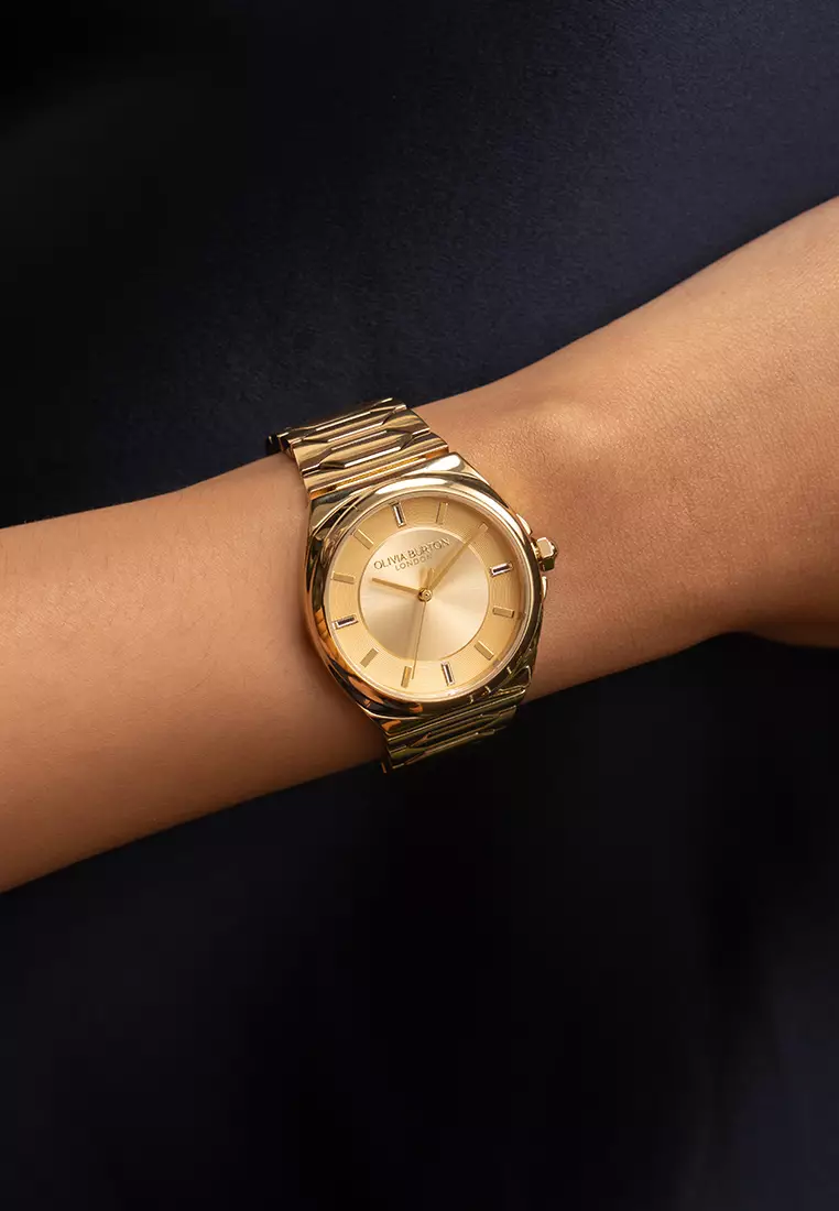 Olivia Burton Champagne Sunray Dial with CD Textured Outer Ring GP Honeycomb Link Bracelet 34mm - 24000201