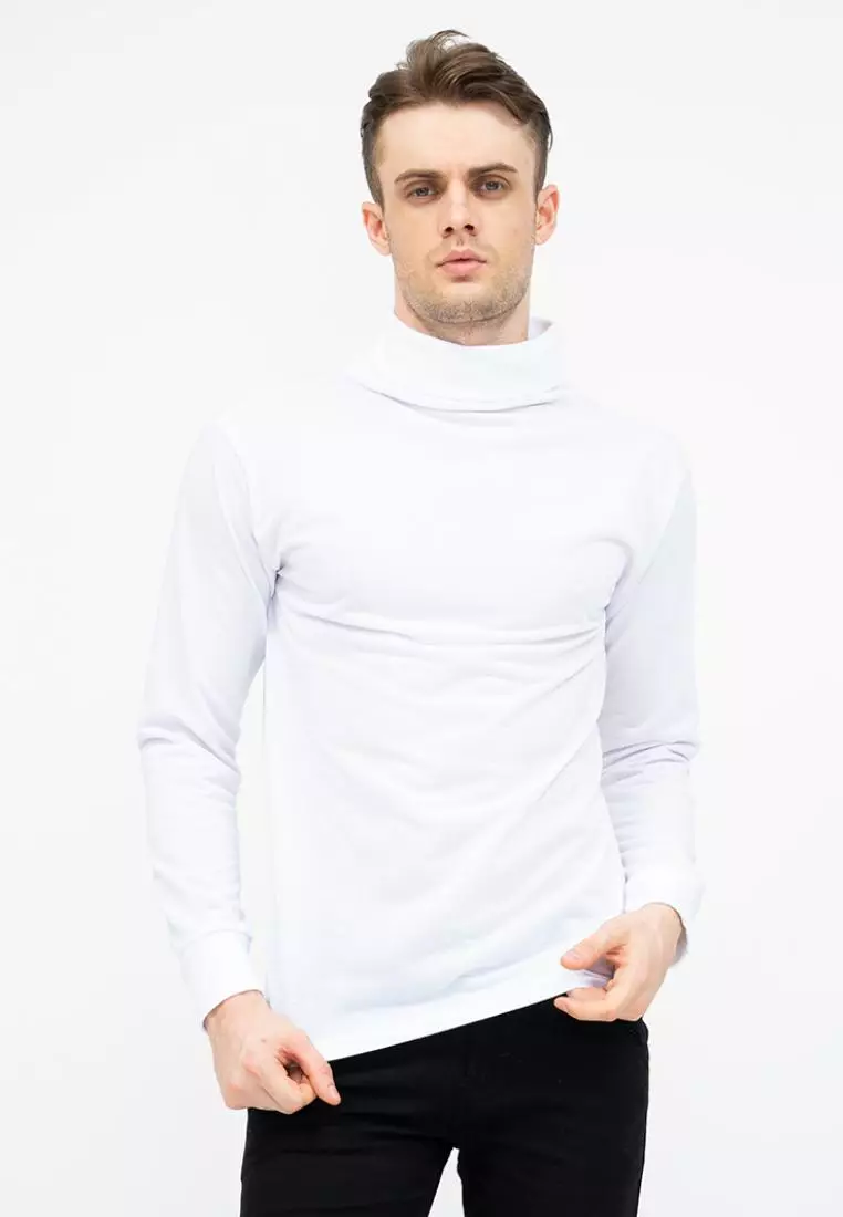 Turtle Neck pria lengan panjang putih kaos kerah tinggi slim fit houseofcuff