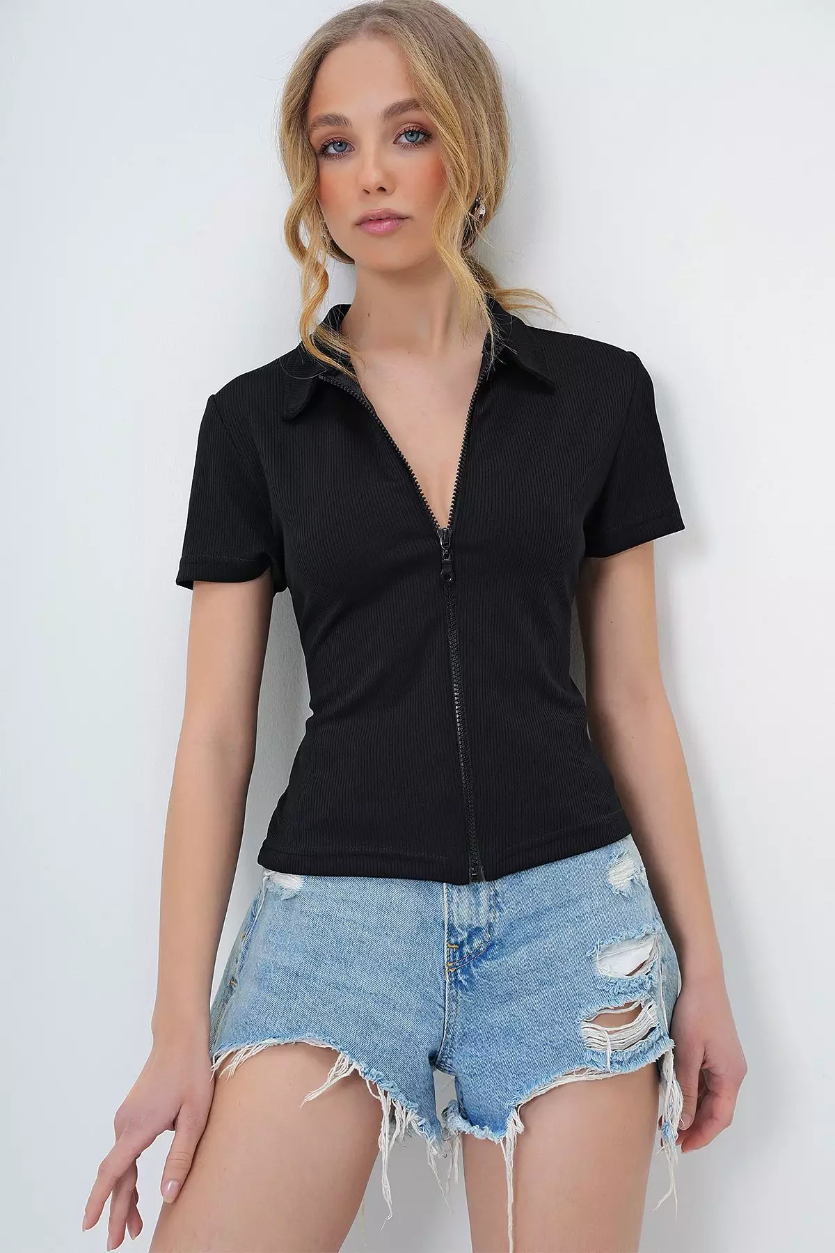 Women's Black Polo Neck Front Zip Short Sleeve Blouse
