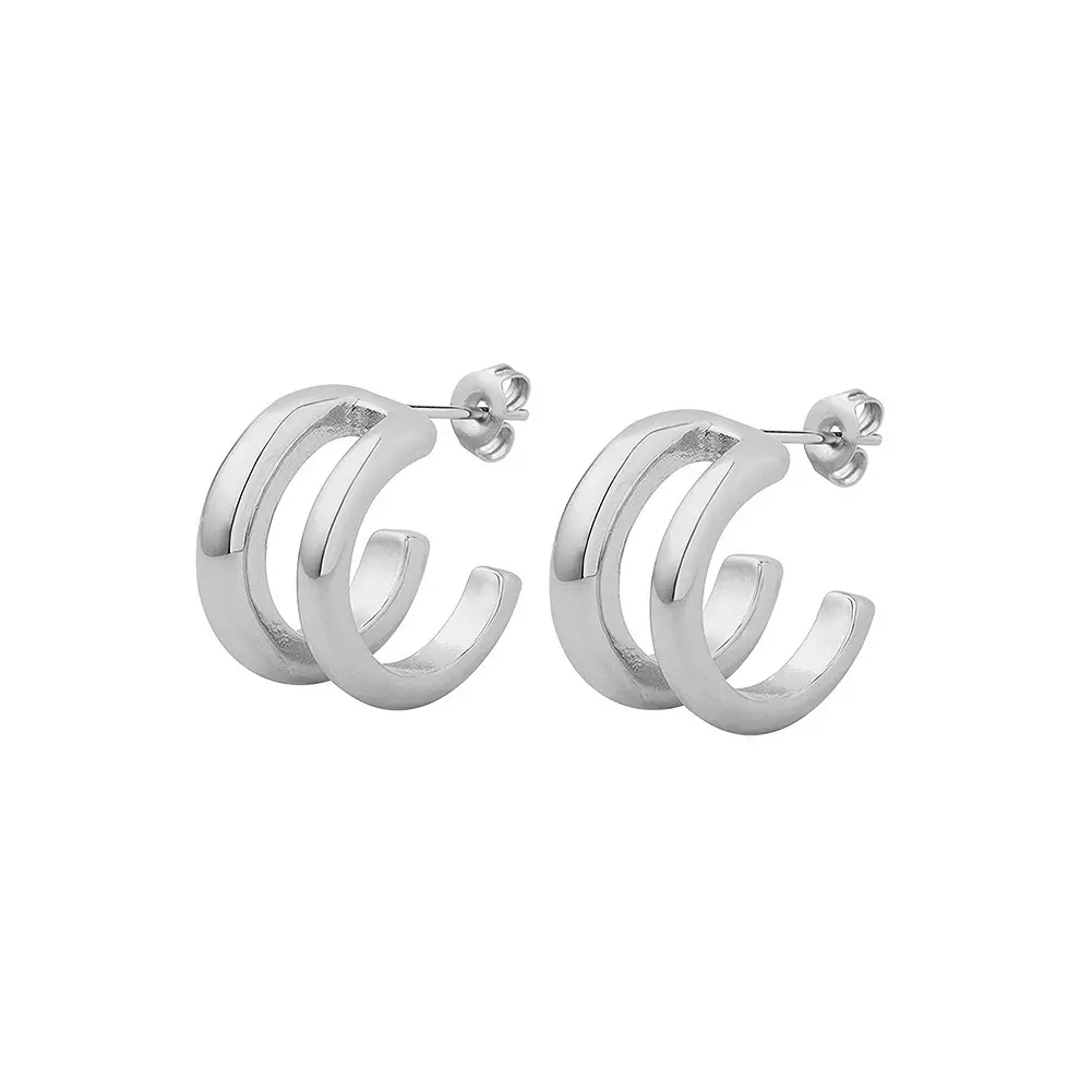 Glamorousky Silver Double Layer C-Shape Geometric Earrings Anting