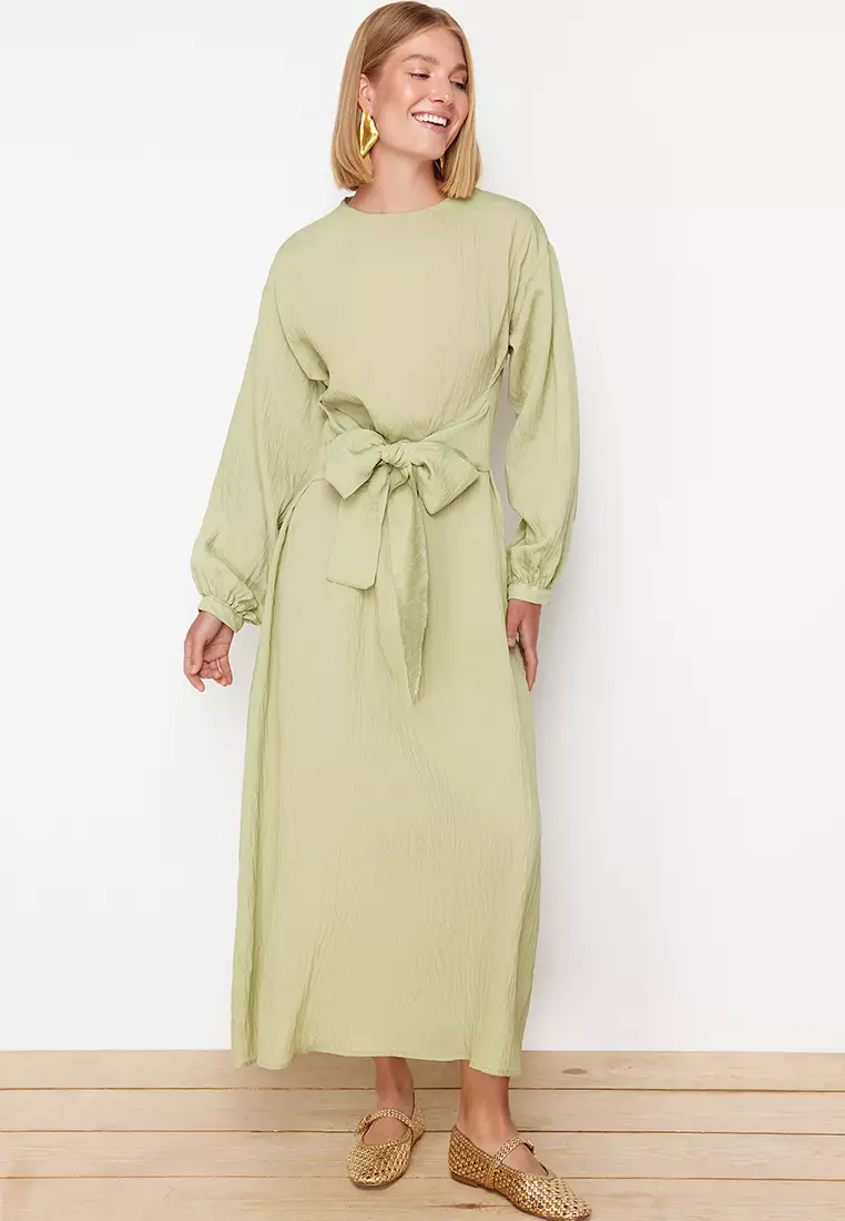Khaki Front Tie Woven Dress TCTSS24EB00131