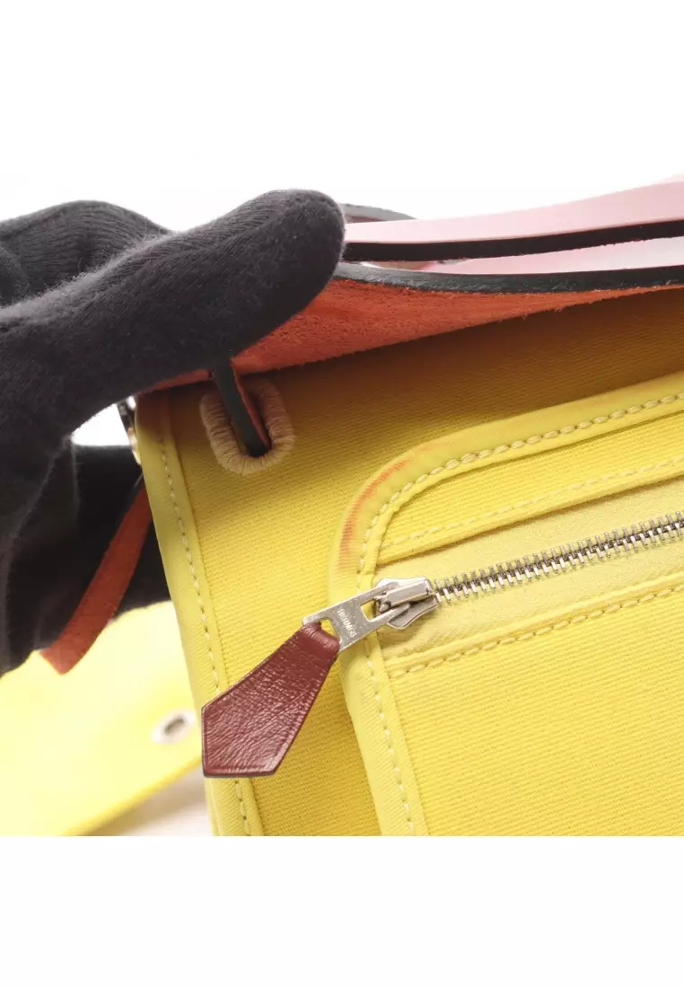 Pre-Loved Hermès herBag Zip PM lime Handbag Toile Officier vache hunter yellow Red brown silver hardware 2WAY X stamp