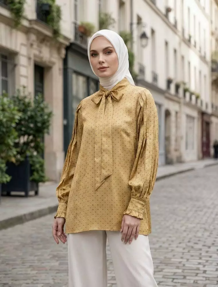 Yasmine Blouse Yellow | Tunik Atasan Wanita | Bahan Sateen Jacquard Printed