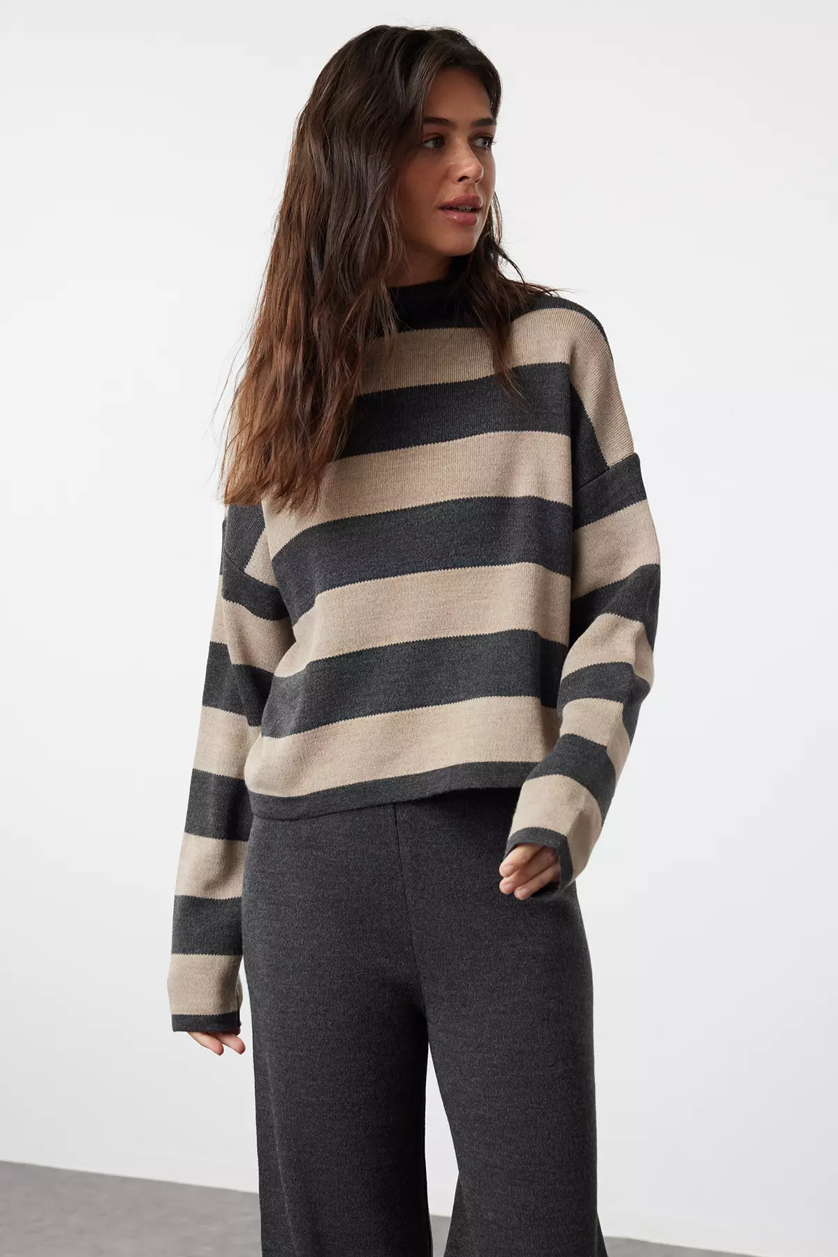 Anthracite Wide Pattern Striped Knitwear Top-Top Set