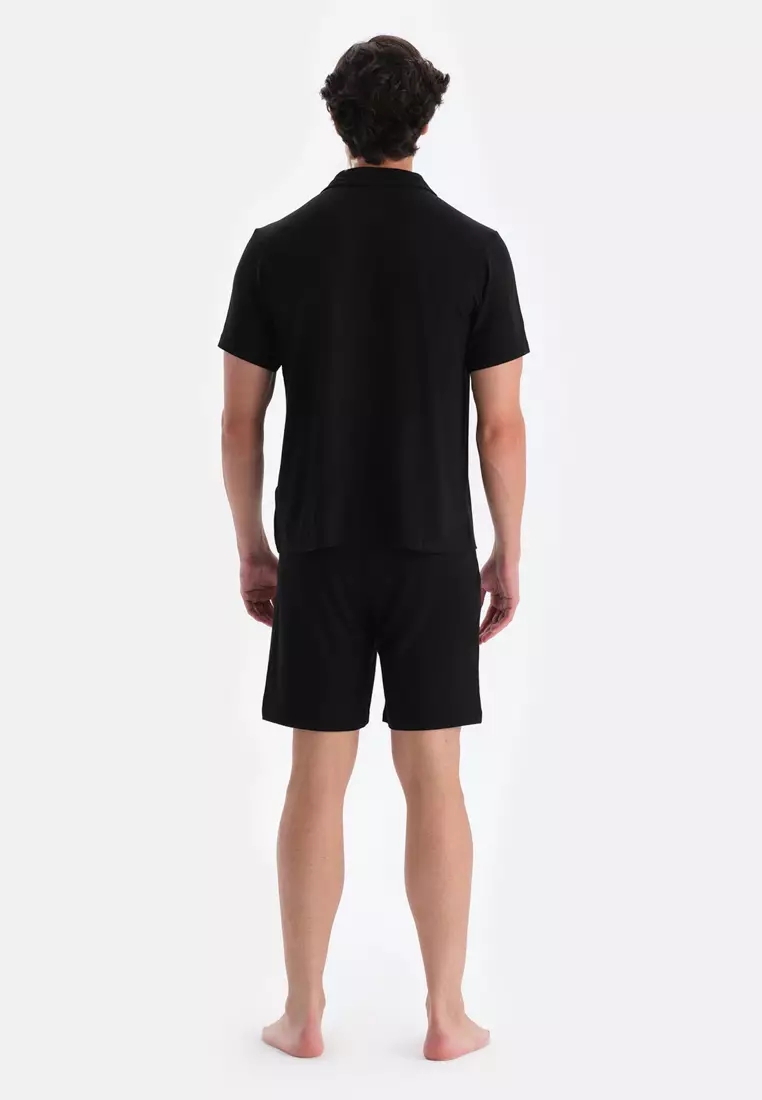 Black Shirt & Shorts, Shirt Collar, Regular Fit, Short Sleeve Sleepwear for Men