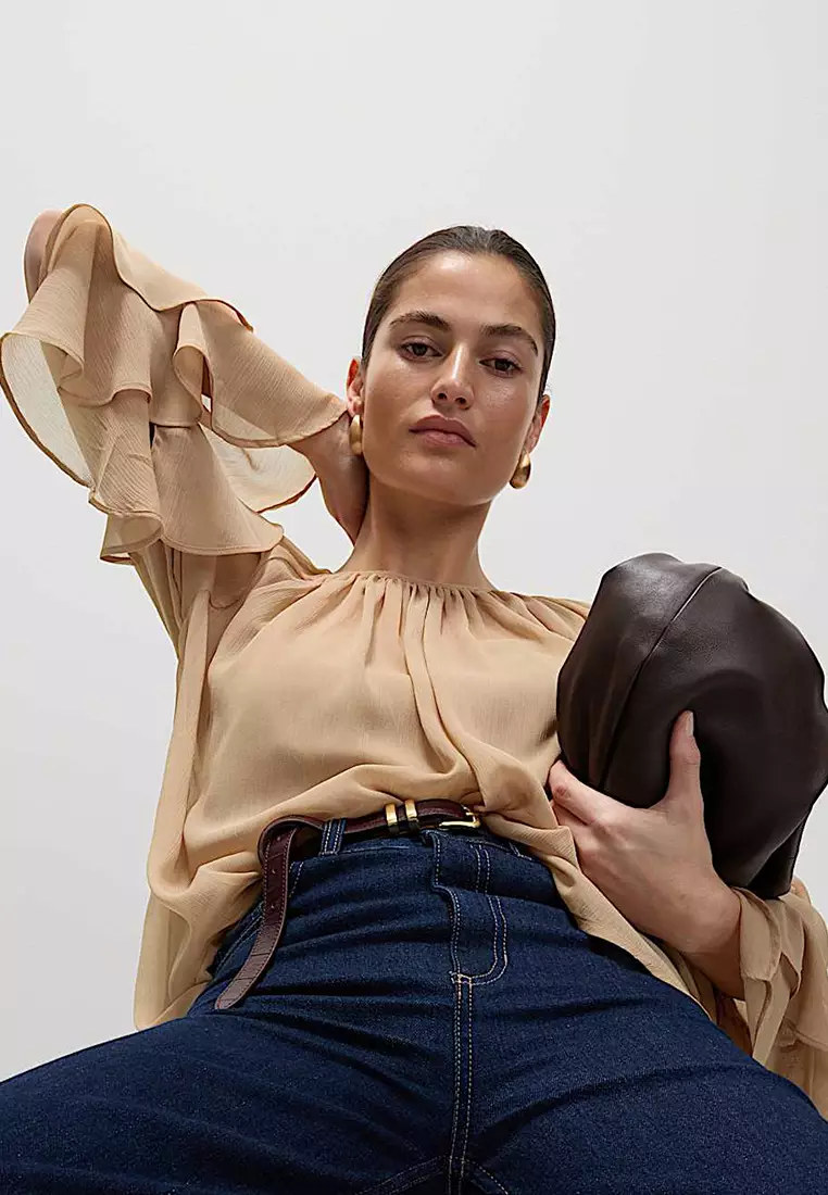 Crew Neck Ruffle Sleeve Blouse