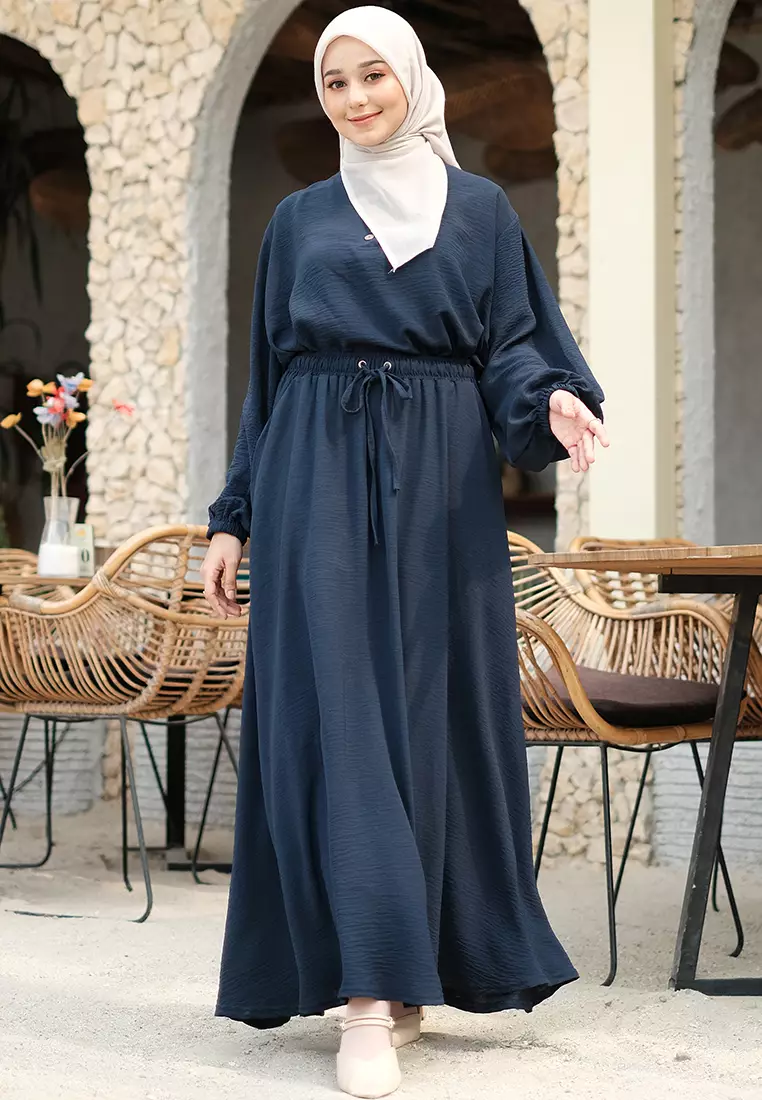 JV Hasanah Set Rok Baju Kurung Selena Navy | Setelan Rok Crinkle Jumbo Busui