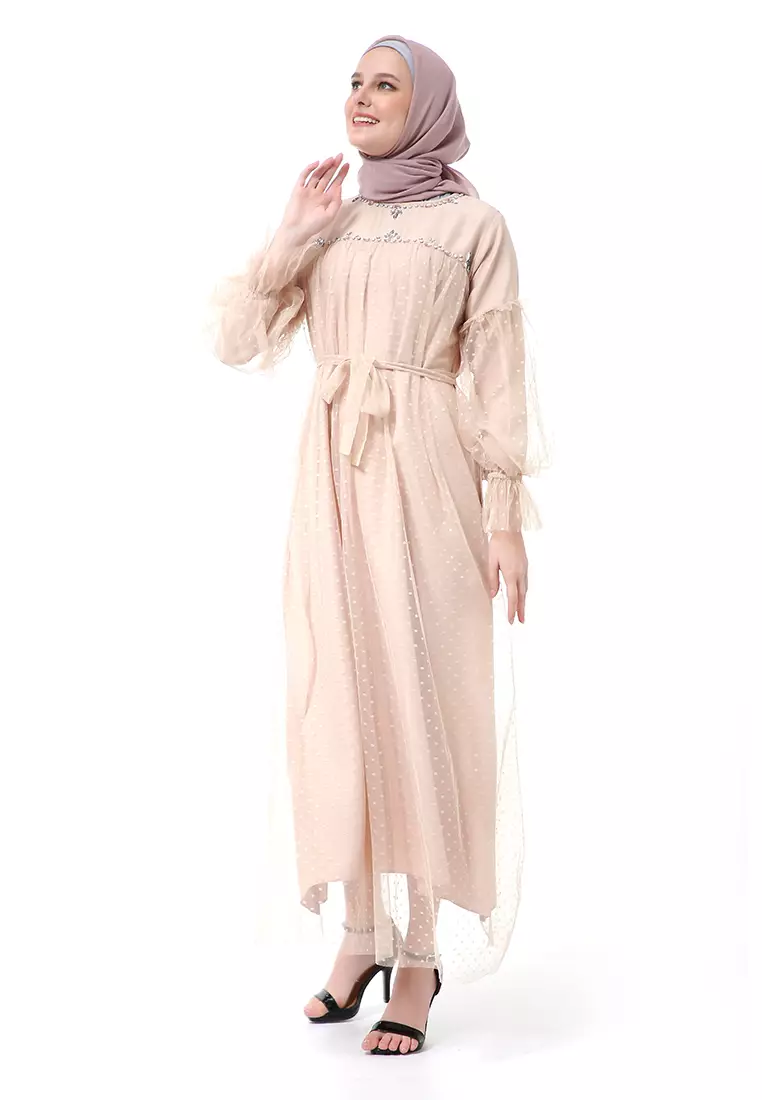 Varsha Dress Wanita Long Sleeve Motif Polos Polkadot High Quality - Almond Mote