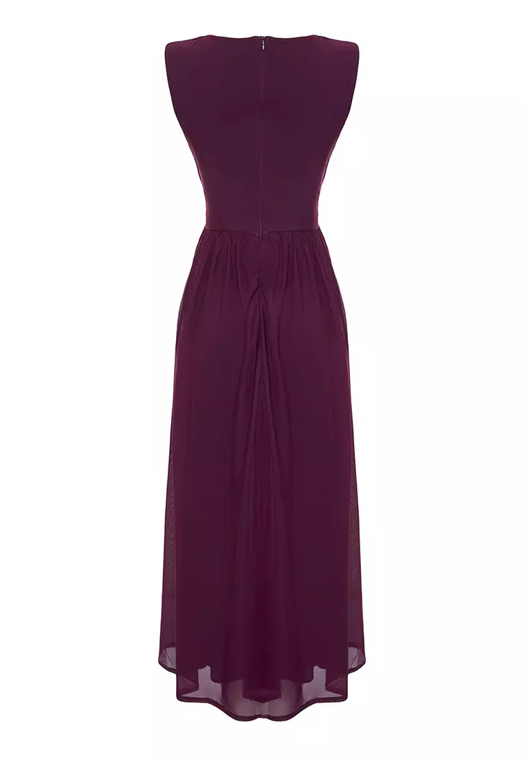 Purple A-Line Window/Cut Out Detailed Knitted Tulle Evening Prom Dress TPRSS24EL00022