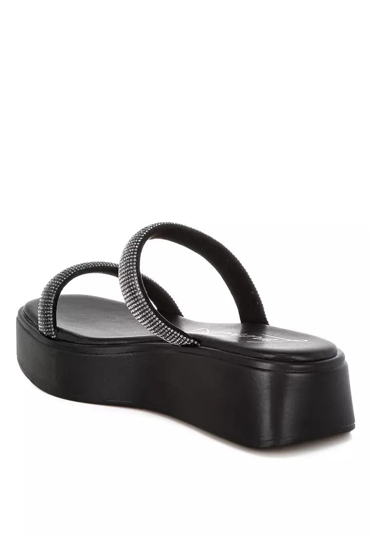Sandal Platform Berhias Berlian Imitasi Tebal Warna Hitam