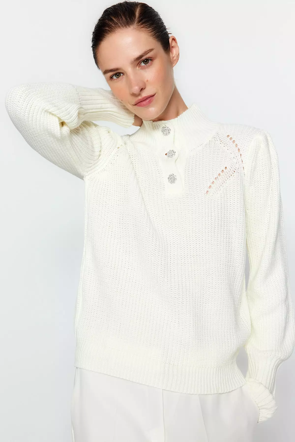 White sweater hot sale with buttons