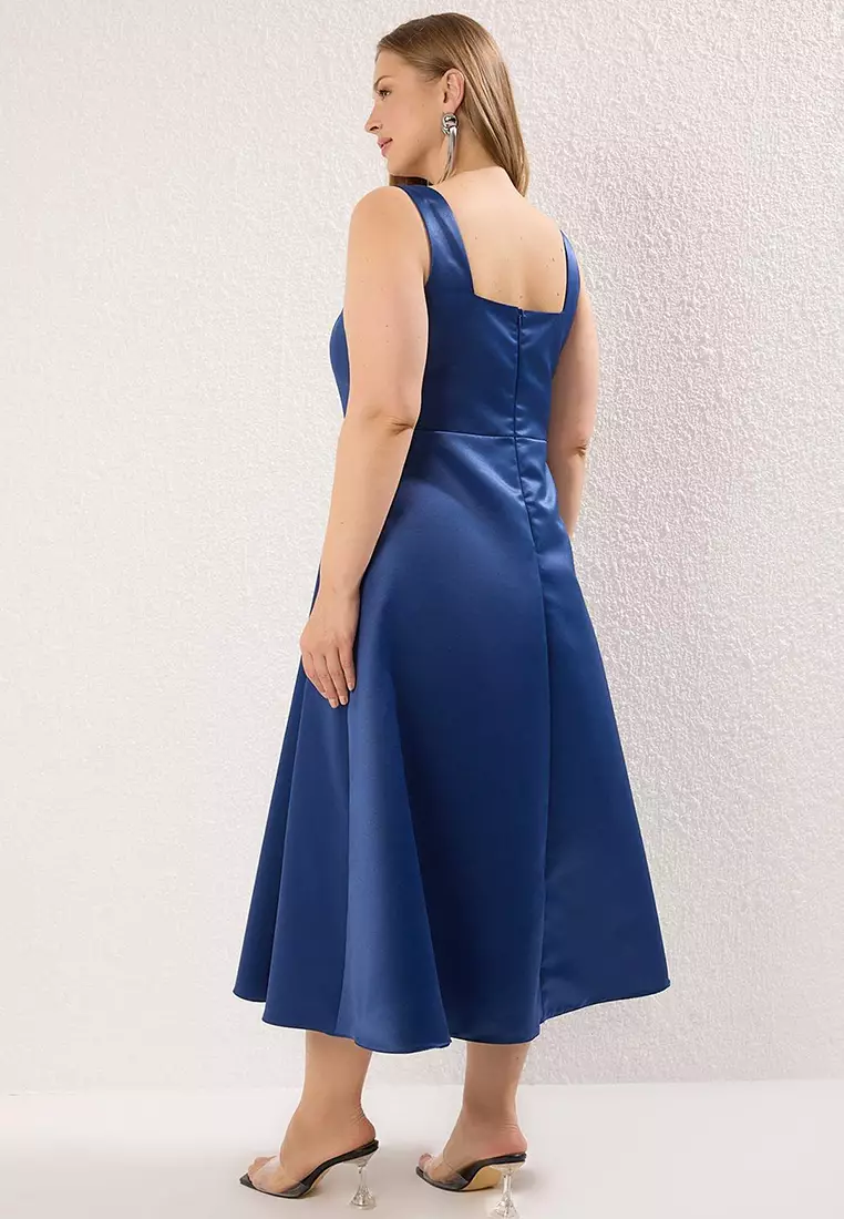 Navy Blue Satin Woven Large Size Dress