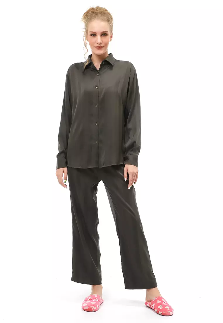 Vance Pajamas Salur Setelan Baju Tidur Wanita Lengan Panjang Material Cotton Silky ORIGINAL - Green