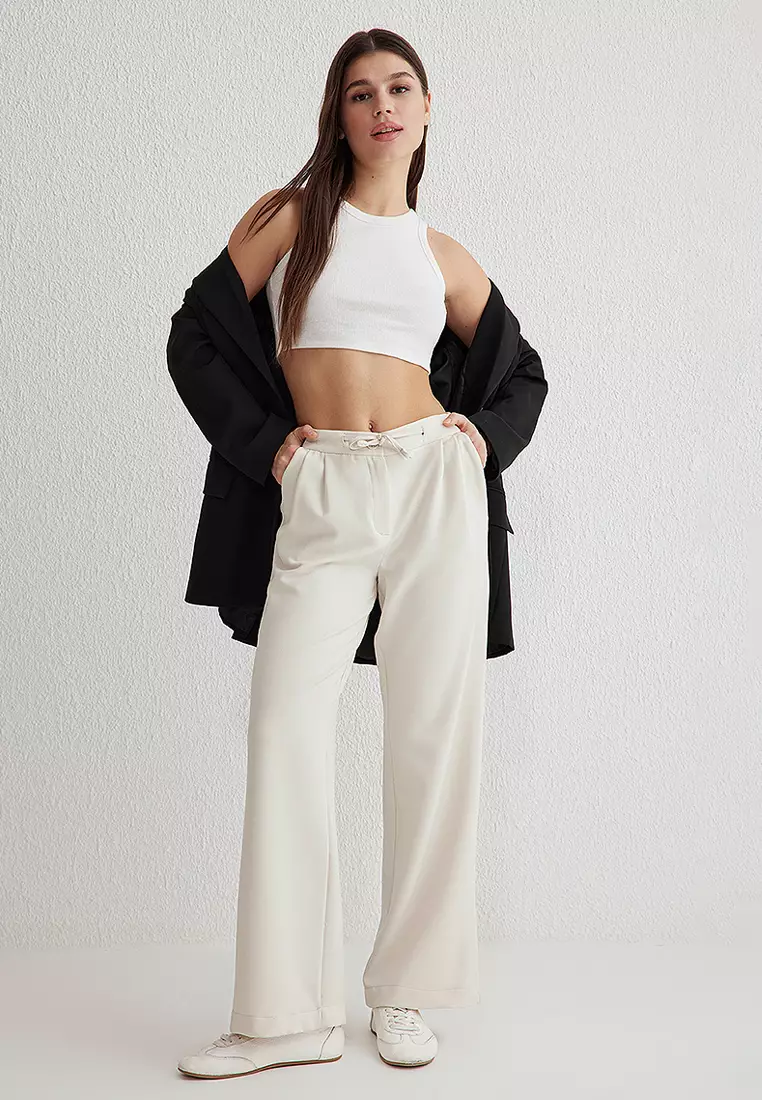 White Laced Low Waist Wide Leg Woven Trousers