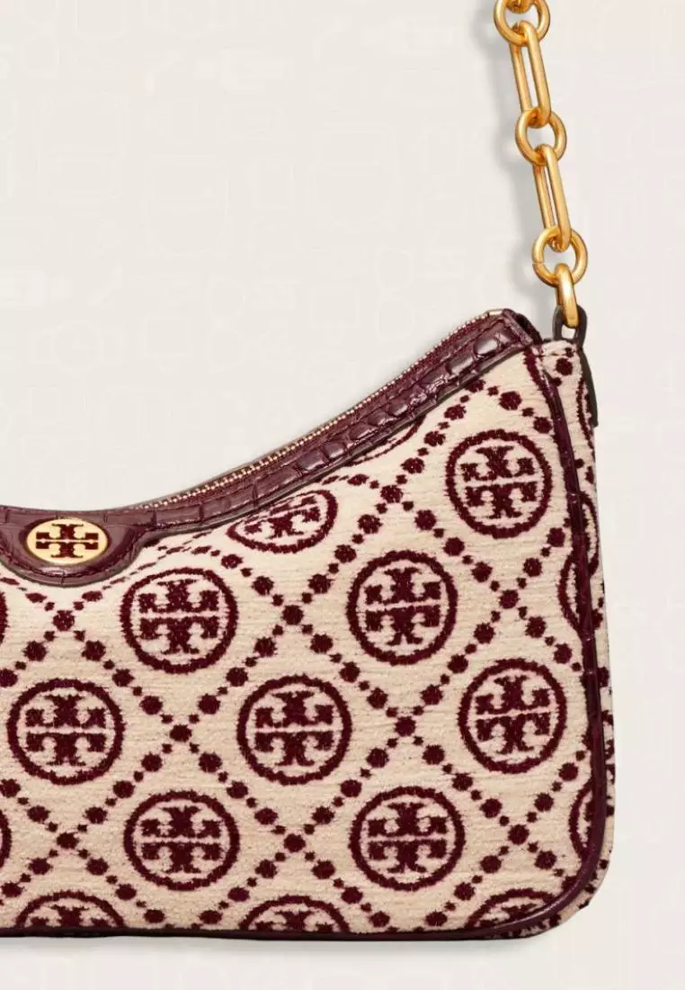 Tory Burch T Monogram Chenille Studio Bag Claret New Cream