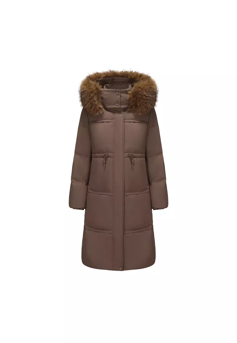 Plush Faux Fur-Trimmed Hood Mid-Length Down Jacket
