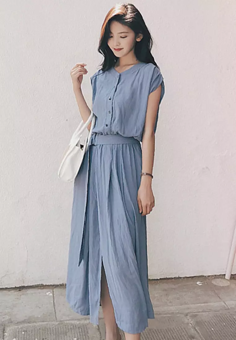 雪紡長款短袖開衫風格連身裙 A22022532BL