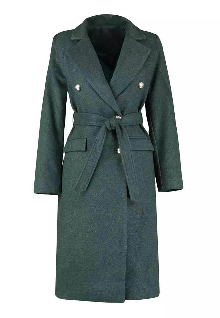 Khaki Fitted Belted Gold Buttoned Long Wool Cashmere Coat TWOAW23KB00018