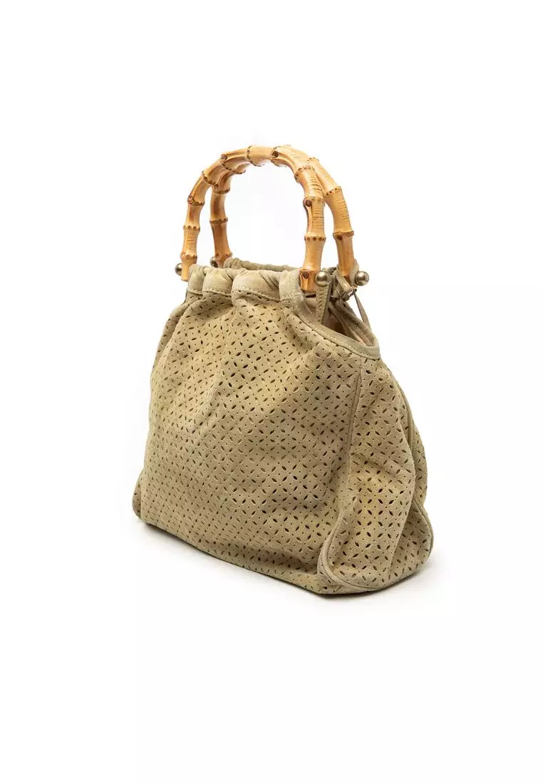 Pre-Loved Miu Miu Laser Cut Suede Bamboo Top Handle Bag