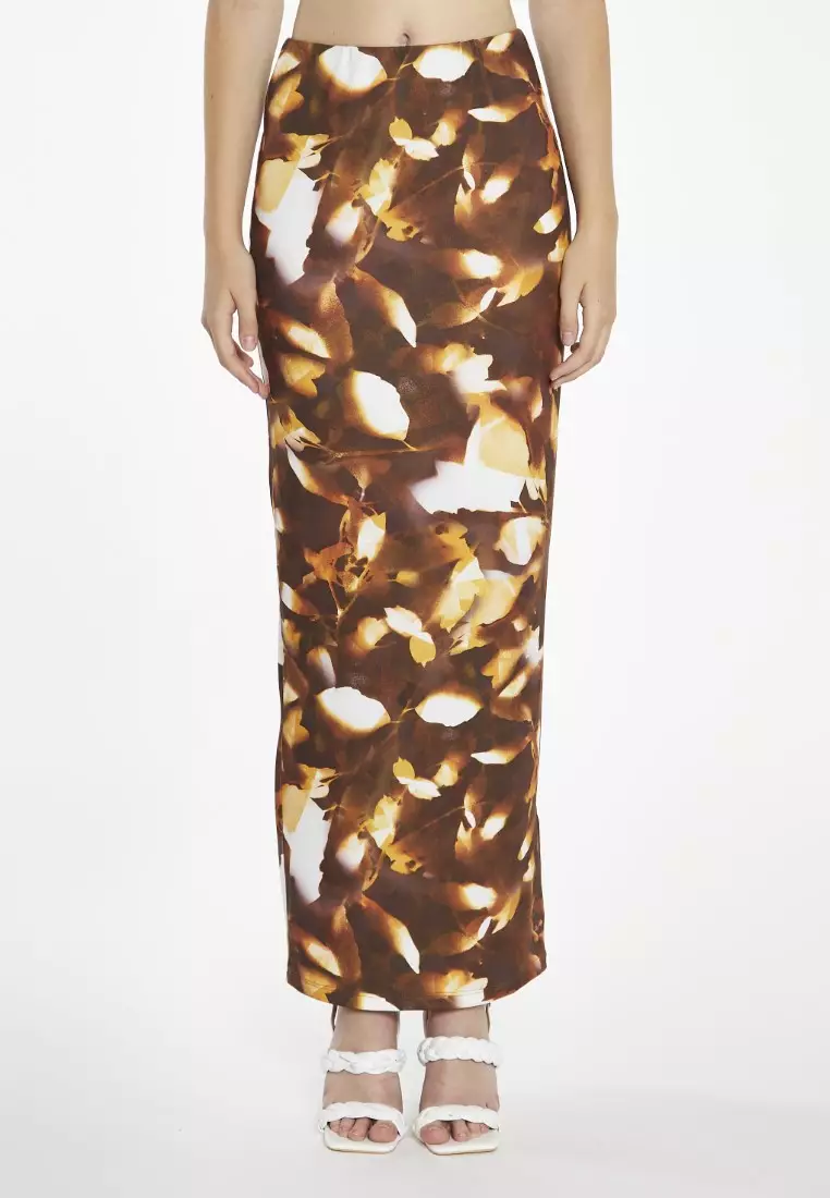 Brown Digital Leaf Bodycon Maxi Skirt