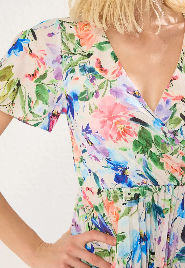 Blue Floral Skater Floral Pattern Double Breasted Handkerchief Sleeve Ribbed Flexible