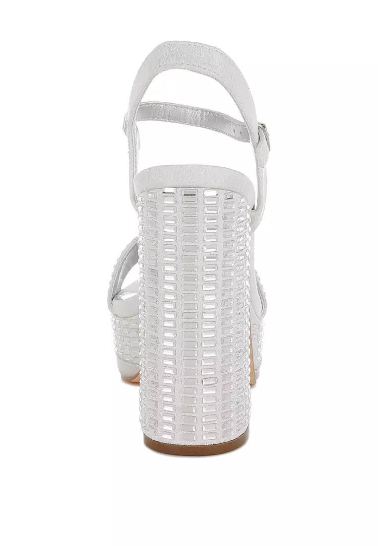 Rhinestones Embellished High Block Heels in Silver