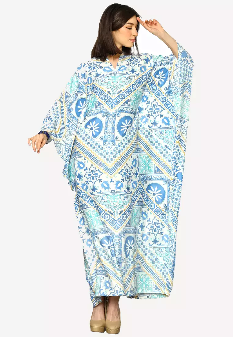 Kanzi Long Sleeve Geometric Kaftan Blue