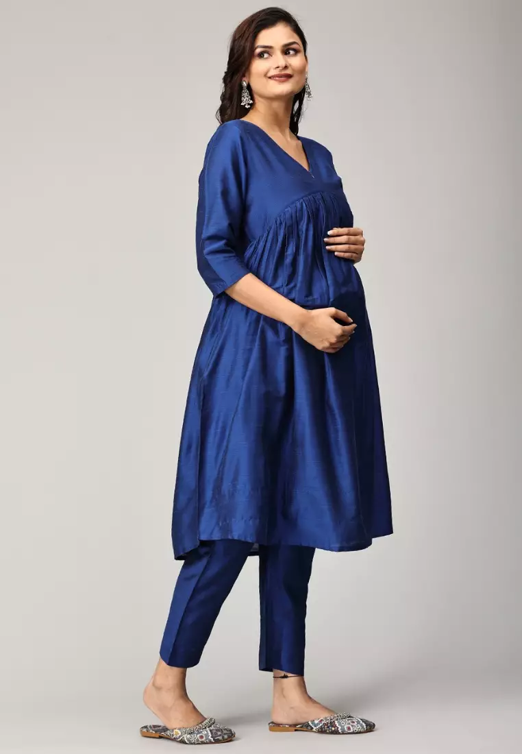 Diva 蓝色孕妇和哺乳丝绸库尔塔套装