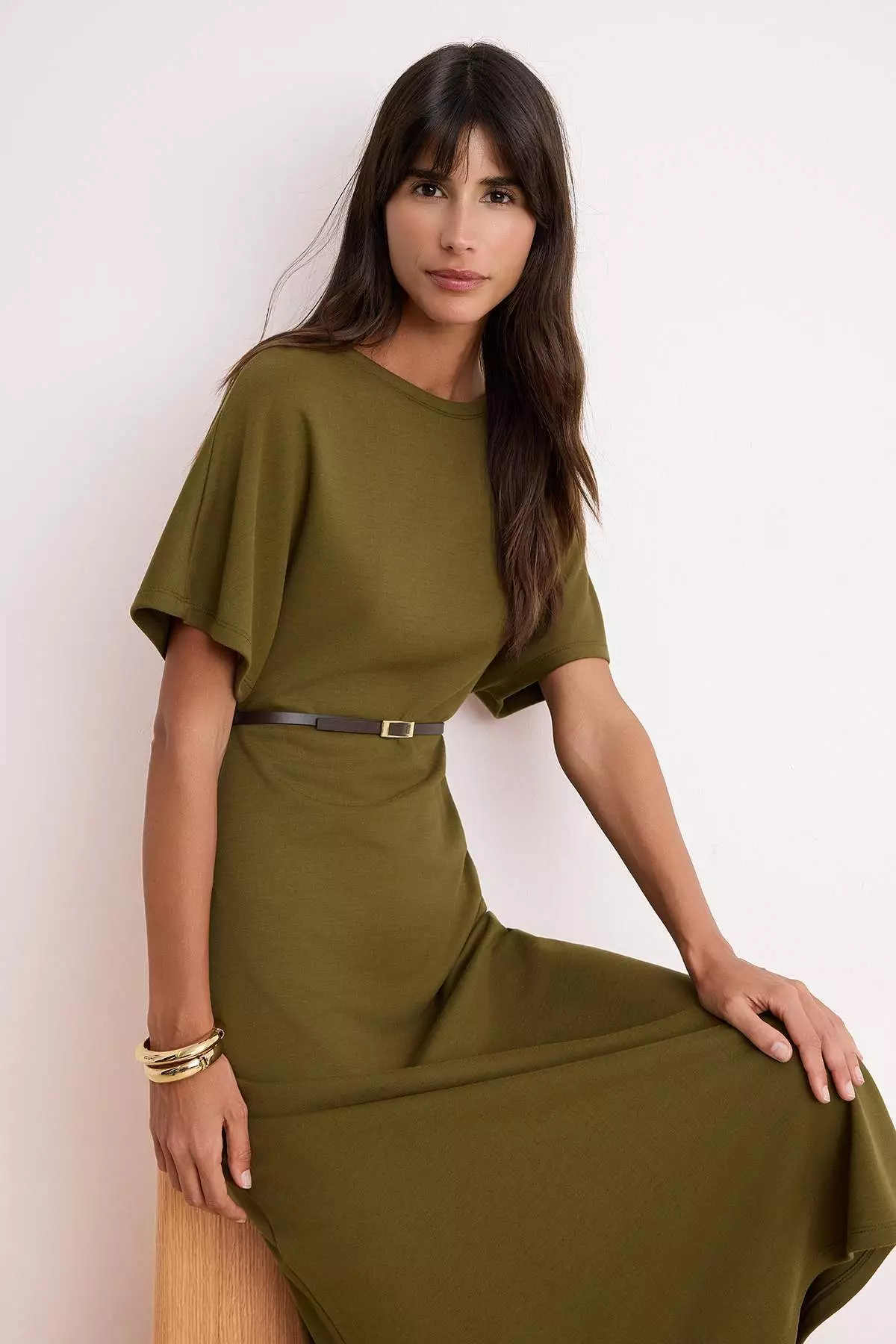 Khaki A-Line/A Bell Form Boat Neck Short Sleeve Belted Midi Interlock Knitted Dress Twoss26El17