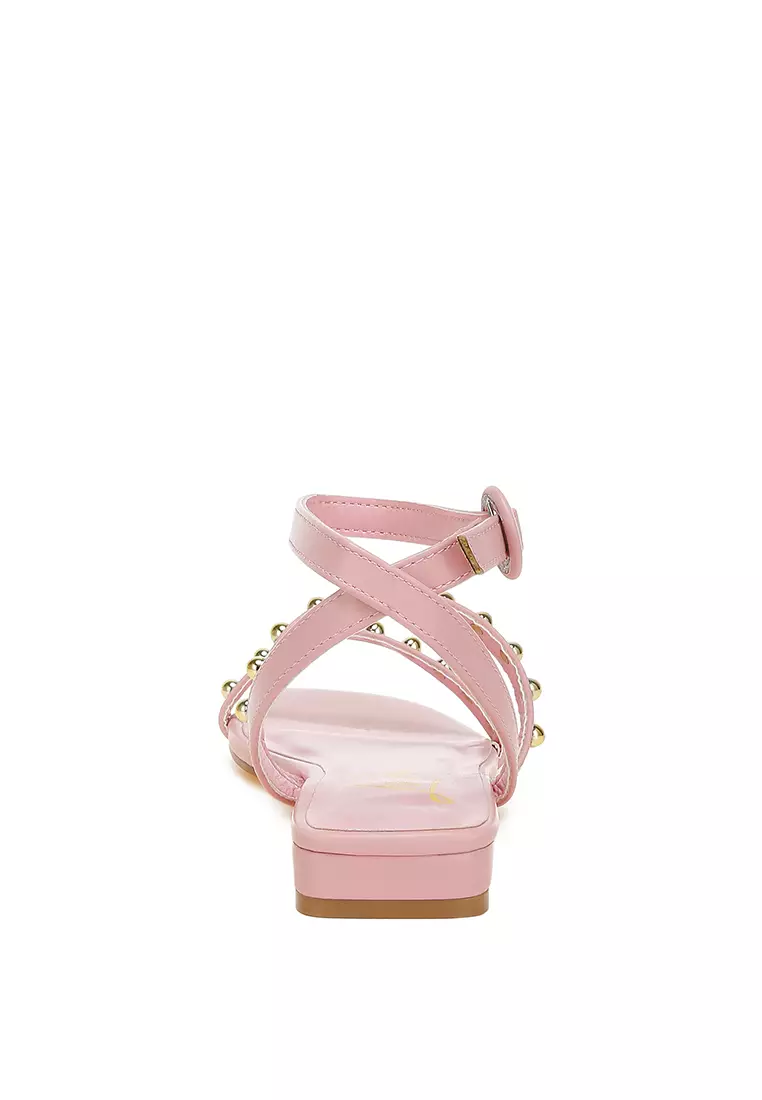 Studded Ankle Strap Flat Sandals in Pink
