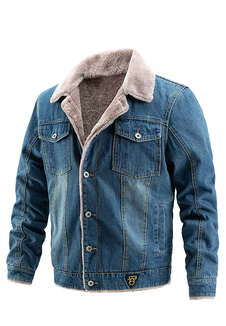 Mens jeans jacket with fur hot sale